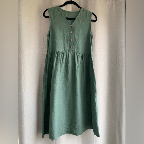 ✨SOLD✨LinenByMN Pine Green 100% Linen Dress from Etsy Size Small with Pockets - Picture 1 of 8